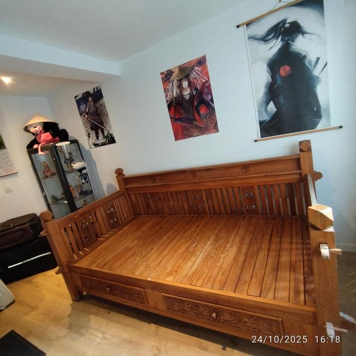 Lit banquette en bois massif – Indonésie – 100x200 – artisan, Antiquités & Art, Antiquités | Meubles | Lits, Enlèvement