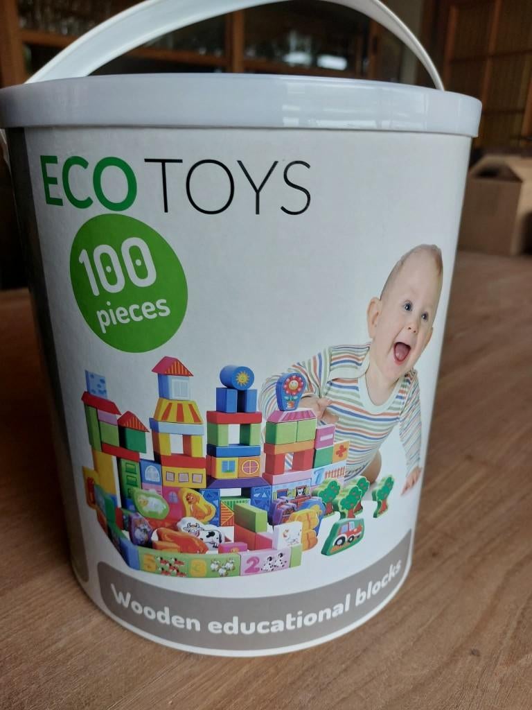 100 OPVOEDKUNDIGE HOUTEN BLOKKEN ECOTOYS, Ophalen, Nieuw, Bouwen