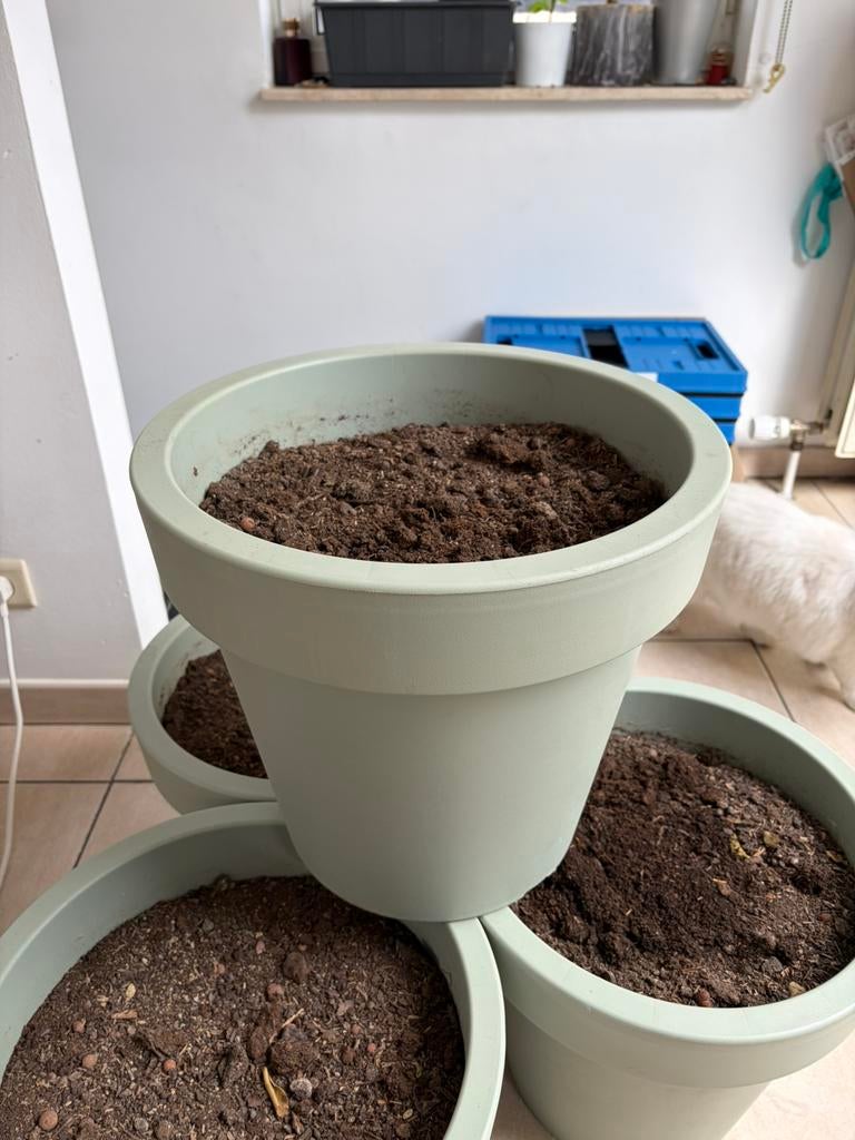 4 pots de fleurs en plastique remplis de terreau bio, 25 à 40 cm, Rond, Comme neuf, Synthétique