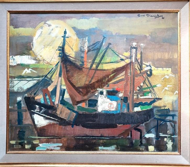 Vissersboot in de haven- Gust Dierikx (1924-2019) Keerbergen, Antiquités & Art, Art | Peinture | Classique, Enlèvement ou Envoi