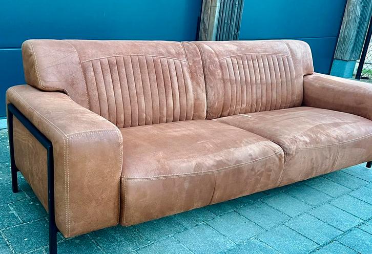 Bruin leder zetel bank, Maison & Meubles, Canapés | Salons, Comme neuf, Trois personnes, Cuir, Métal, Enlèvement