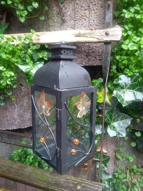 lantaarn -metaal(+blauw glas)+koperen windlicht, Enlèvement