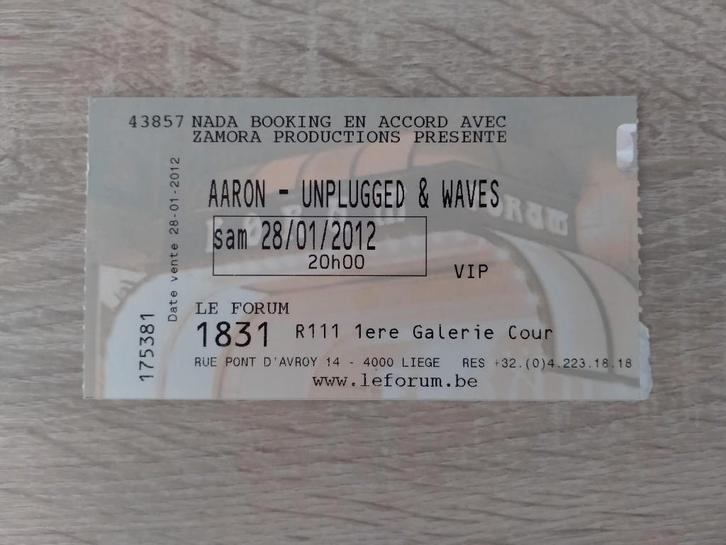 Concertticket Aaron Unplugged & Waves Tour Liège 2012, Verzamelen, Muziek, Artiesten en Beroemdheden, Gebruikt, Overige typen