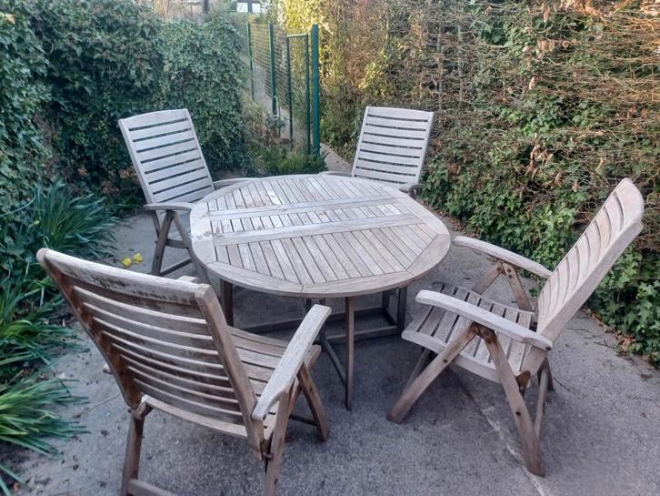 TUINMEUBELEN, Tuin en Terras, Tuinsets en Loungesets, Gebruikt, Tuinset, Teakhout, 4 zitplaatsen, Eettafel, Stoel, Ophalen