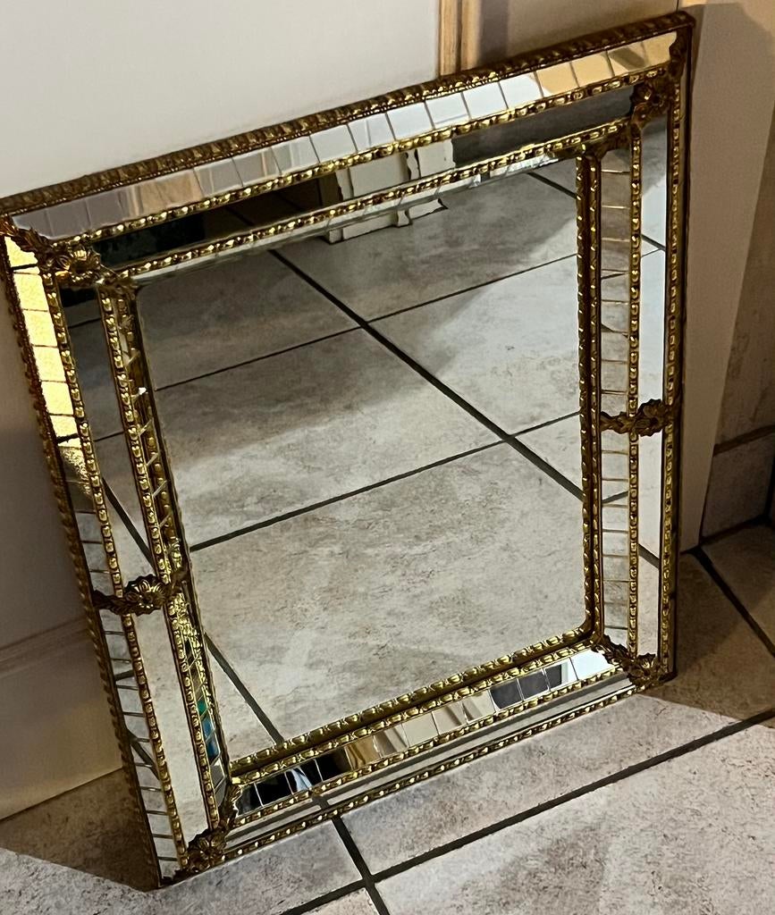 Spiegel Venetiaanse messing decoratie drielaags mozaïek H 50, Antiek en Kunst, Antiek | Spiegels, Ophalen, Rechthoekig, Minder dan 50 cm