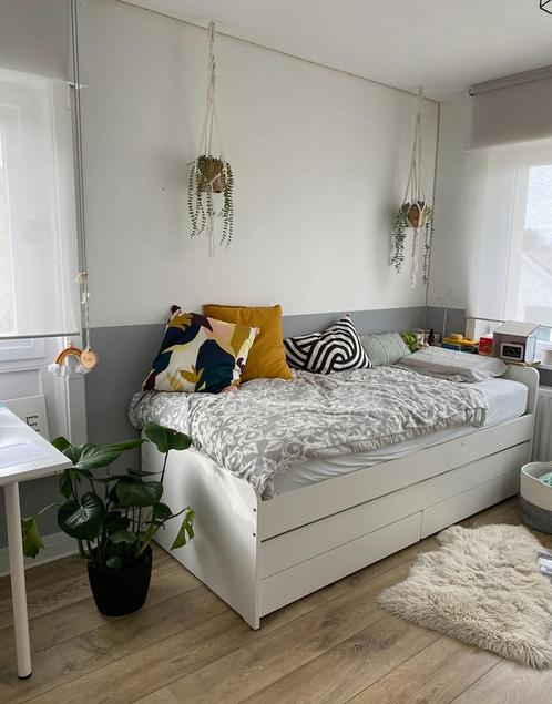 Bed met bedlade en opbergruimte, Huis en Inrichting, Slaapkamer | Bedden, Gebruikt, Eenpersoons, 90 cm, 200 cm, Wit, Ophalen