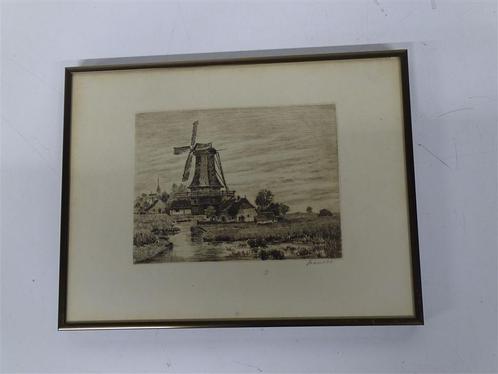 A5224 Ets door Anton Fransen van een Hollands landschap, Antiek en Kunst, Kunst | Etsen en Gravures, Ophalen of Verzenden