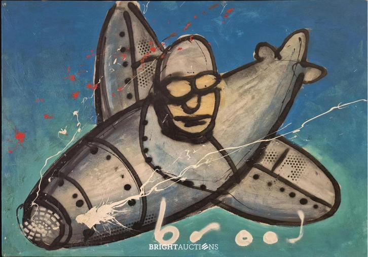 Origineel schilderij Herman Brood - Vliegtuig, Antiek en Kunst, Kunst | Schilderijen | Abstract, Ophalen