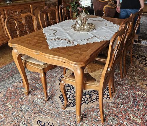 Franse eiken eetkamerset tafel met 6 stoelen, Huis en Inrichting, Tafels | Eettafels, Gebruikt, Vijf personen of meer, Rechthoekig