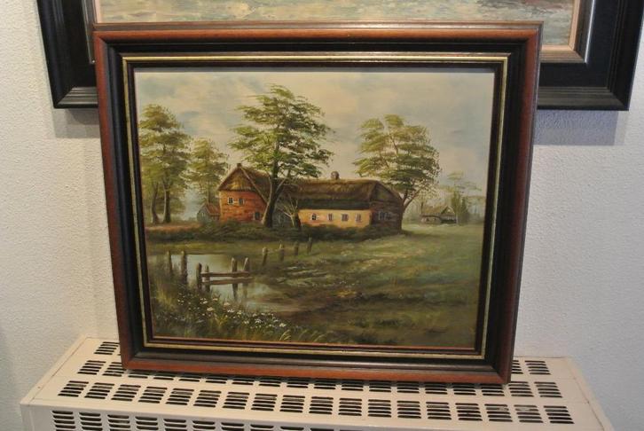 Schild.Gesigneerd Boerenhoeve/ op Erf/Twee Schuren, Antiquités & Art, Art | Peinture | Classique, Enlèvement ou Envoi