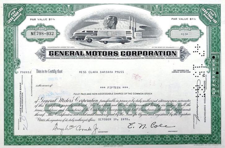 GENERAL MOTORS 1970, Postzegels en Munten, Aandelen en Waardepapieren, Certificaat van aandeel, 1950 tot 1970, Ophalen of Verzenden