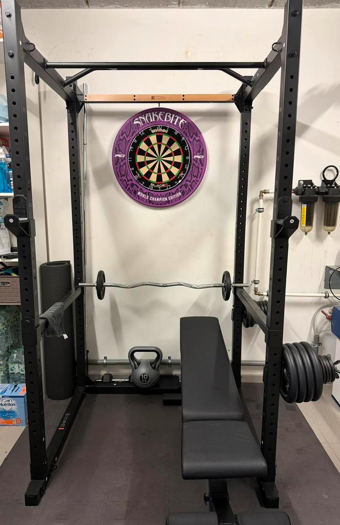 Rack cage musculation + banc + barres + poids + Halteres, Sports & Fitness, Équipement de fitness, Comme neuf, Banc d'exercice