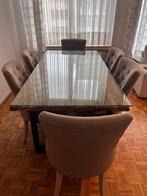 Massief houten tafel met glas + 6 hoogwaardige stoelen, Huis en Inrichting, Ophalen, Industriel chic / contemporain, Vijf personen of meer