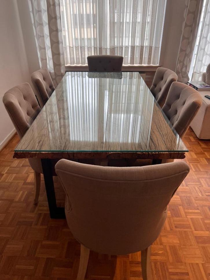 Massief houten tafel met glas + 6 hoogwaardige stoelen, Huis en Inrichting, Tafels | Eettafels, Zo goed als nieuw, Vijf personen of meer