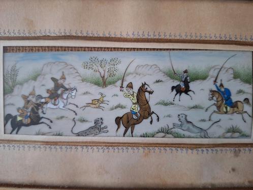 Perzische miniatuur met paarden van H. Ali Sajjadi, Antiek en Kunst, Kunst | Niet-Westerse kunst, Ophalen of Verzenden