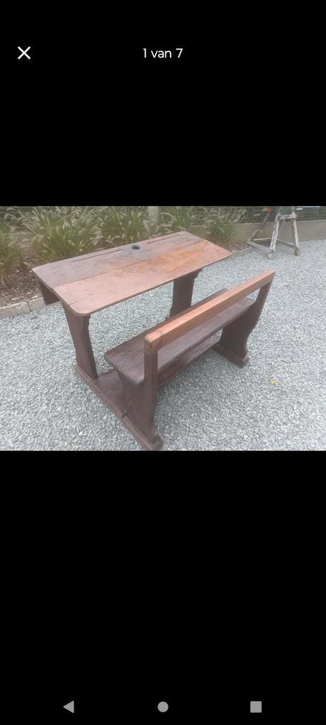 Zeer oude, zware, dubbele houten schoolbank, Antiek en Kunst, Curiosa en Brocante, Ophalen