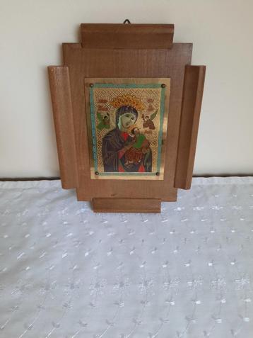 Oud vintage houten kader met koperen Maria Jezus beschikbaar voor biedingen