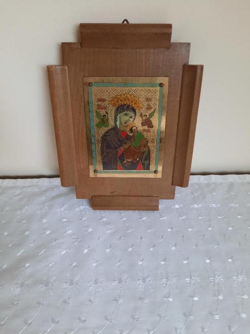 Oud vintage houten kader met koperen Maria Jezus, Antiek en Kunst, Antiek | Religieuze voorwerpen, Ophalen of Verzenden