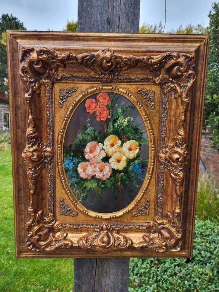 olieverfschilderij boeket bloemen op hout gesigneerd, Antiek en Kunst, Kunst | Schilderijen | Klassiek, Ophalen