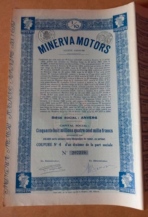 Aandeel Minerva Motors Antwerp 1929 automobiel, Postzegels en Munten, Aandelen en Waardepapieren, Aandeel, 1920 tot 1950, Ophalen of Verzenden