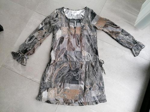 Jurk met bruin en grijs, mt 36, Kleding | Dames, Jurken, Zo goed als nieuw, Maat 36 (S), Boven de knie, Ophalen of Verzenden