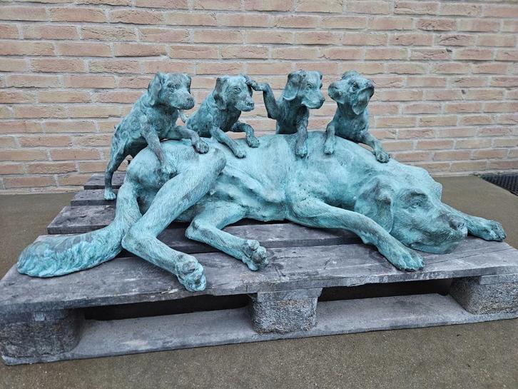 Bronzen hond met puppy's prachtige brons komt zelden te koop, Tuin en Terras, Tuinbeelden, Zo goed als nieuw, Dierenbeeld, Overige materialen