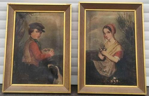 Paire huile sur toile garçon et jeune fille, Antiek en Kunst, Kunst | Schilderijen | Klassiek, Ophalen of Verzenden