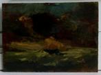 impressionistisch schilderijtje, ruwe zee met bootje, gesign, Ophalen of Verzenden