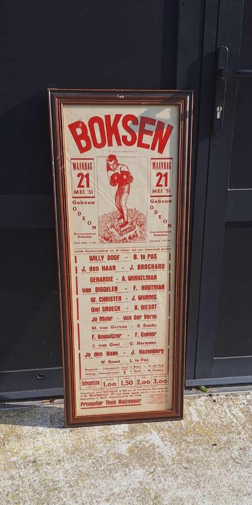 Boksposter, boks affiche van bokswedstrijden uit 1951👊, Verzamelen, Posters, Gebruikt, Sport, A1 t/m A3, Rechthoekig Staand, Met lijst