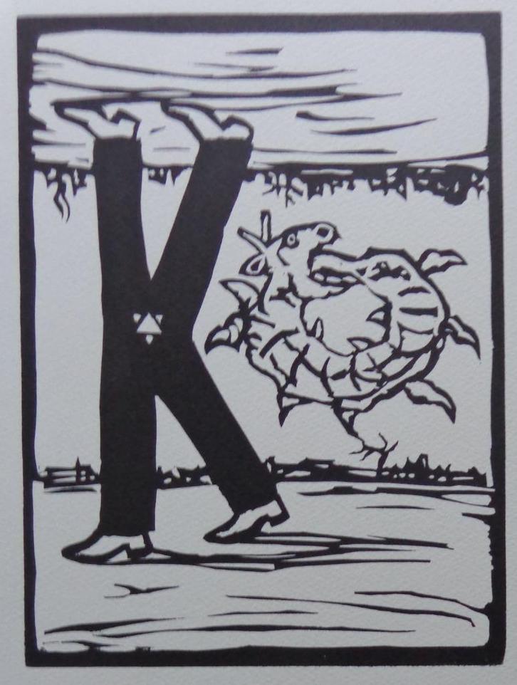 ROLAND TOPOR / KAFKA ONDERWERELD / ZW-W LINOSNEDE / 38x28cm, Antiek en Kunst, Kunst | Litho's en Zeefdrukken, Ophalen of Verzenden