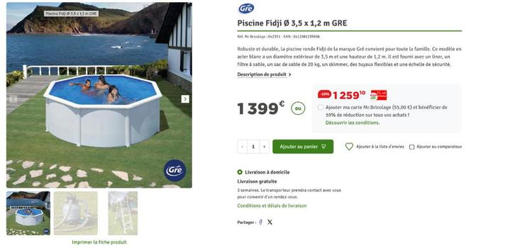 Piscine Gré Fidji Ø 3,50 m x 1,20 m + filtre à sable, Tuin en Terras, Zwembaden, Gebruikt, Opzetzwembad, 120 cm of meer, 200 tot 400 cm