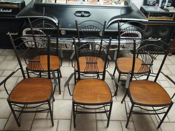 6 eetkamerstoelen van smeedijzer/eikenhout, Huis en Inrichting, Stoelen, Zo goed als nieuw, Grijs, Ophalen