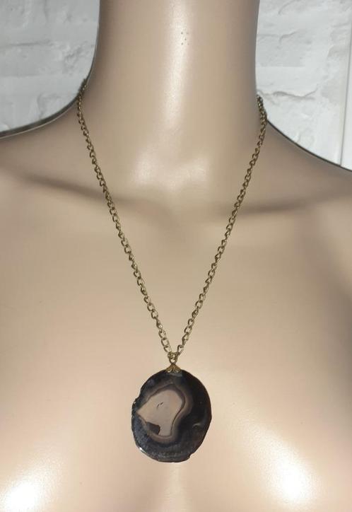 Ketting edelsteen hanger vintage grote agaat schijf, Handtassen en Accessoires, Kettingen, Nieuw, Steen of Mineraal, Zwart, Met edelsteen