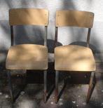 Metalen stoeltjes met houten zitting, Huis en Inrichting, Stoelen, Gebruikt, Twee, Ophalen of Verzenden, Grijs