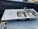 RVS dubbele gootsteen met afdruip, Ophalen, Gebruikt, 100 tot 150 cm, Minder dan 25 cm