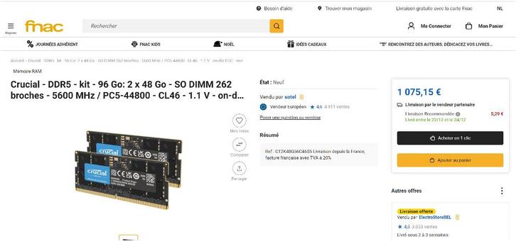 Crucial Mémoire vive DDR5-5600 MHz 48Go (une pièce), Computers en Software, RAM geheugen, Nieuw, DDR5, Ophalen