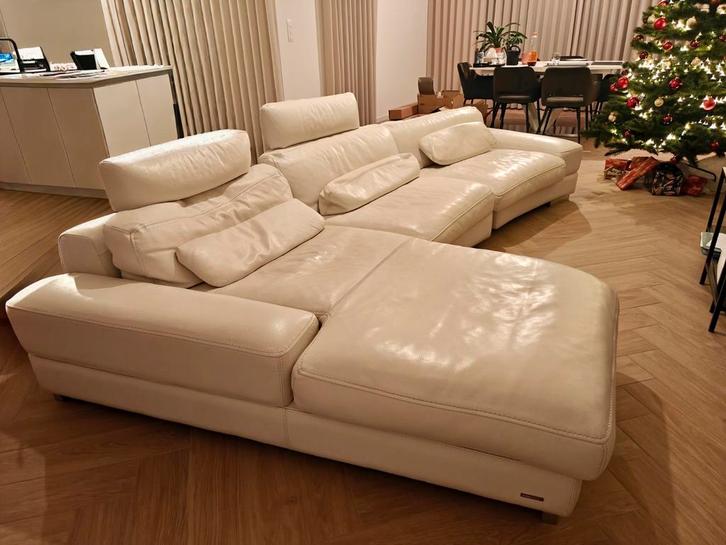 Roche Bobois design wit lederen hoekzetel - 3,7m, Huis en Inrichting, Zetels | Zetels, Gebruikt, Hoekbank, Vierpersoons of meer