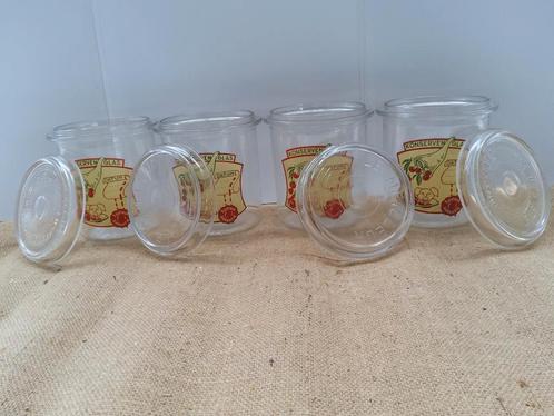 4 oude weckbokalen met unieke print , deksel + klem., Antiek en Kunst, Antiek | Glaswerk en Kristal, Ophalen of Verzenden