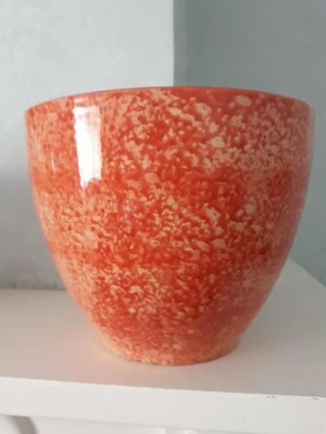 mooie vintage keramieken zalmrode bloempot craquele H: 15,5  beschikbaar voor biedingen