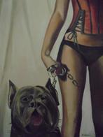 peinture à l'huile femme/pitbull (60x80 cm), Antiquités & Art, Enlèvement ou Envoi