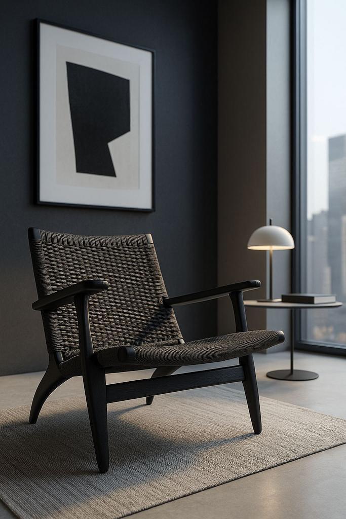 CH25 fauteuil zwarte editie- H J. Wegner - Denemarken - 1950, Huis en Inrichting, Fauteuils, Gebruikt, Hout, 50 tot 75 cm, Minder dan 75 cm