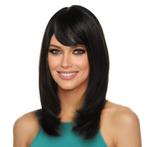 Vlotte pruik zwart schouderlang steil haar met pony model Ki, Verzenden, Nieuw