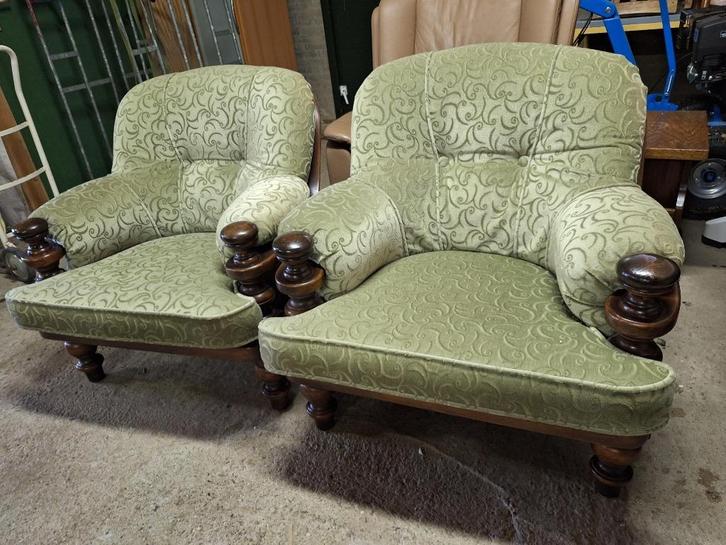 1 of 2 vintage fauteuils / eiken stoelen groen mohair stof, Huis en Inrichting, Stoelen, Gebruikt, Twee, Hout, Stof, Ophalen of Verzenden