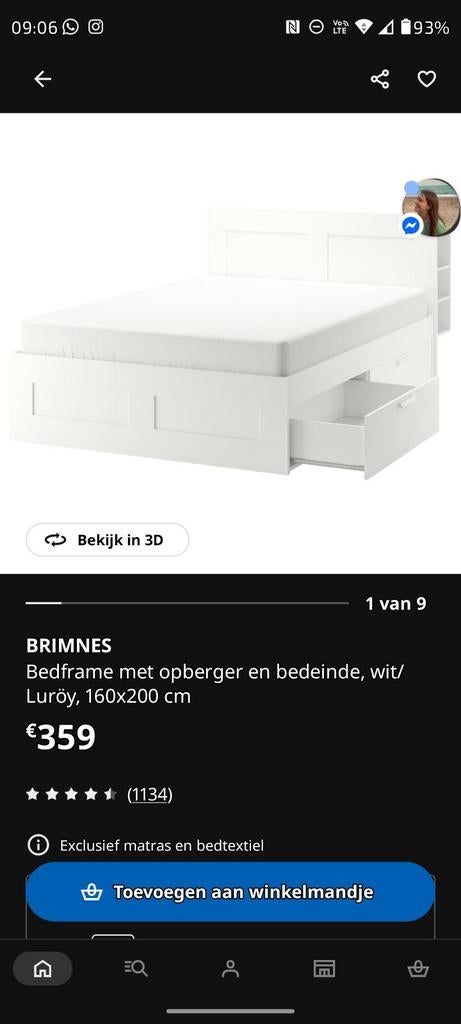 Volledig ikea brimnes bed met lattenbodem 160x200 cm, Enlèvement, Blanc, 200 cm