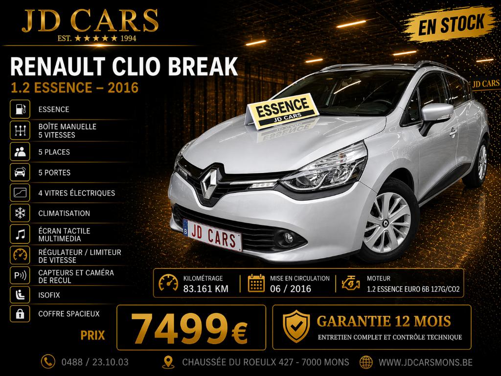 RENAULT CLIO BREAK 1.2 ESSENCE ‼️GARANTIE 1 AN CTOK‼️, Argent ou Gris, Euro 6, Entreprise, Garantie prolongée