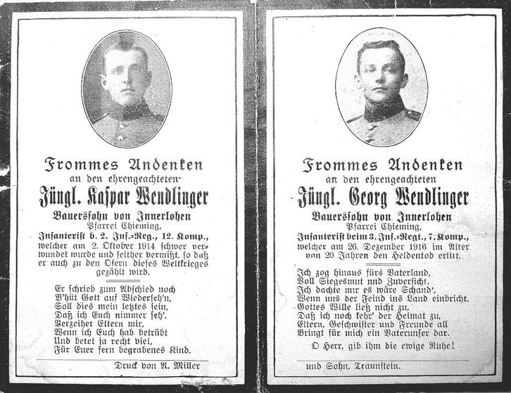 Duits bidprentje voor de broers Kasper en Georg Wendlinger,, Verzamelen, Bidprentjes en Rouwkaarten, Bidprentje, Ophalen of Verzenden