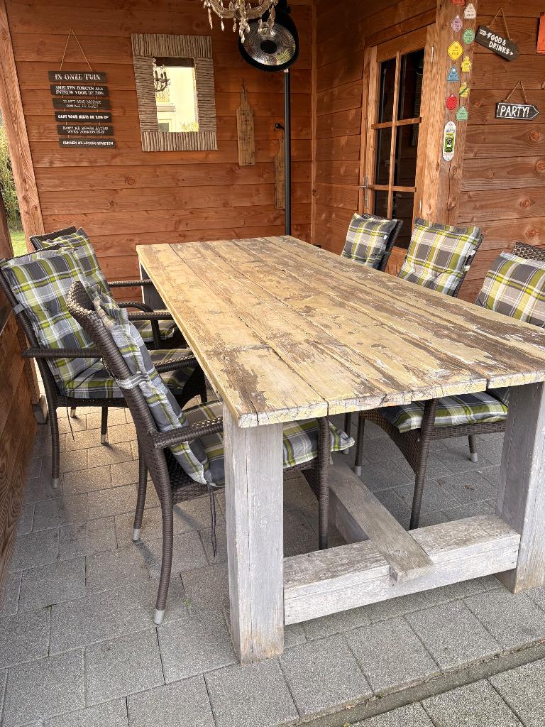 Tuintafel met 6 stoelen en kussens, Ophalen, Gebruikt, 6 zitplaatsen, Steigerhout