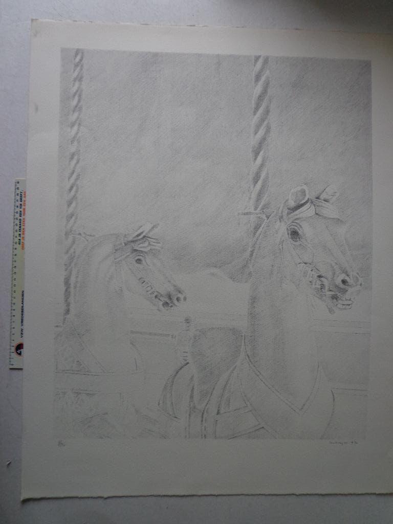 hyperrealistische litho Marcel Maeyer "Paardenmolen" 1977, Antiek en Kunst, Ophalen