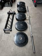 150kg Bumperplates + Olympische Barbell 220cm, Gewichten Rek, Ophalen, Gebruikt, Halterschijven