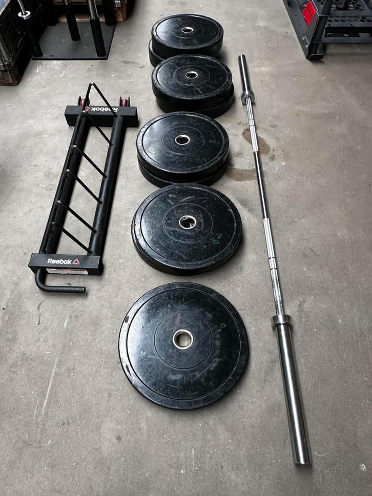 150kg Bumperplates + Olympische Barbell 220cm, Gewichten Rek, Sport en Fitness, Fitnessmaterialen, Gebruikt, Halterschijven, Ophalen